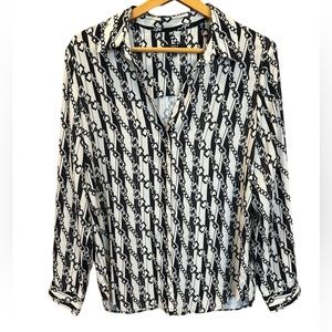 DREW Anthropologie Blouse Women’s Large Black Cream Button Down Semi Sheer USA
